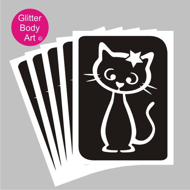 cat_glitter_tattoo_stencil_036 full body cat with star temporary tattoo stencils