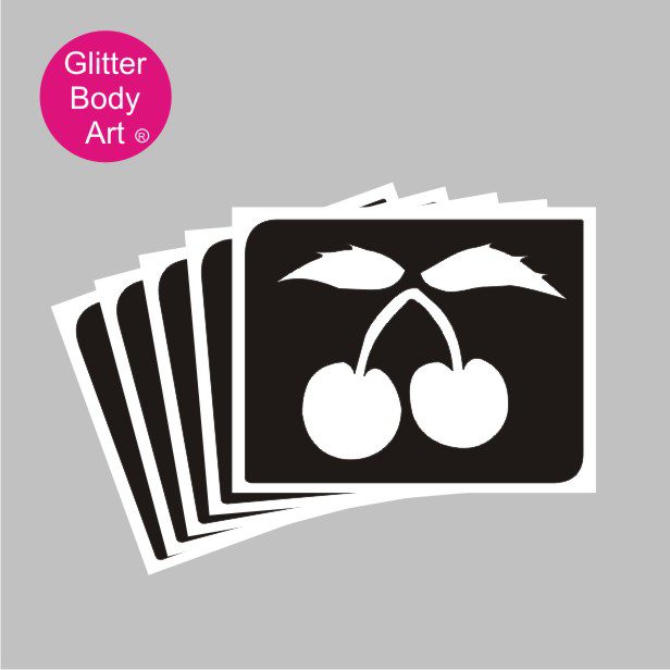 cherries_glitter_tattoo_stencil_104 Pairs of cherries on a vine temporary tattoo stencil