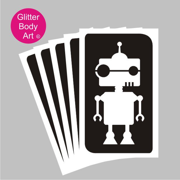 robot_glitter_tattoo_stencil_040 Robot temporary tattoo stencils pack of 5