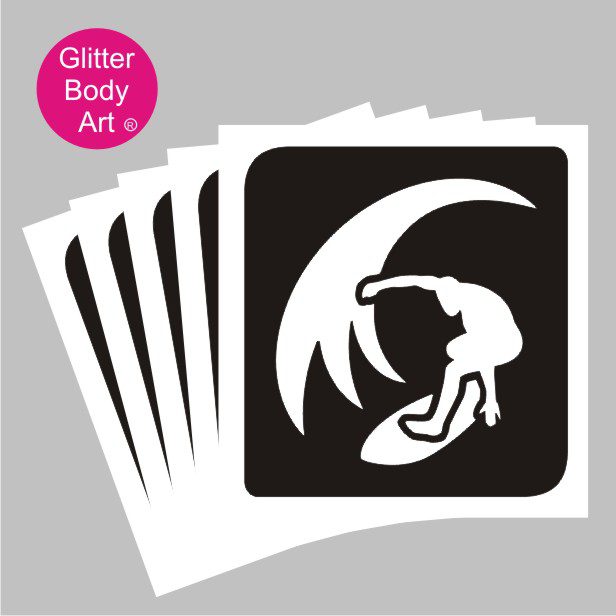 surfer_glitter_tattoo_stencil_045 boy surfing in the waves stencil, surfer temporary tattoos