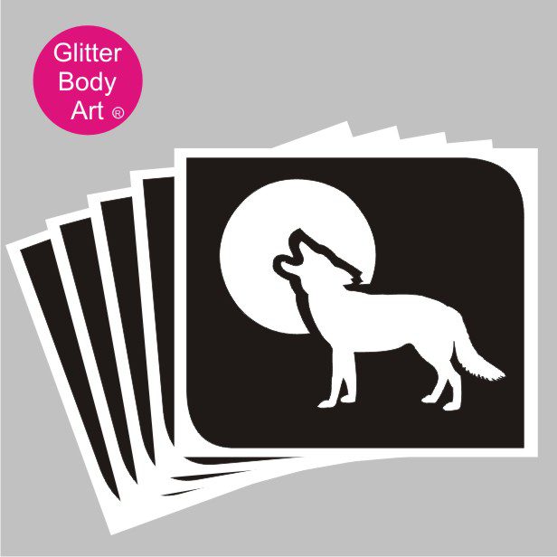 wolf_glitter_tattoo_stencil_023 wild wolf howling into the moon temporary tattoo stencil
