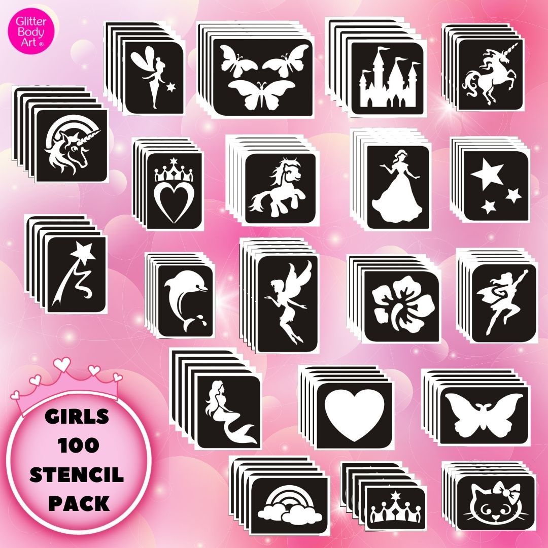 GIRLS 100 PACK (3) girls 100 refill stencil pack of glitter tattoo stencils