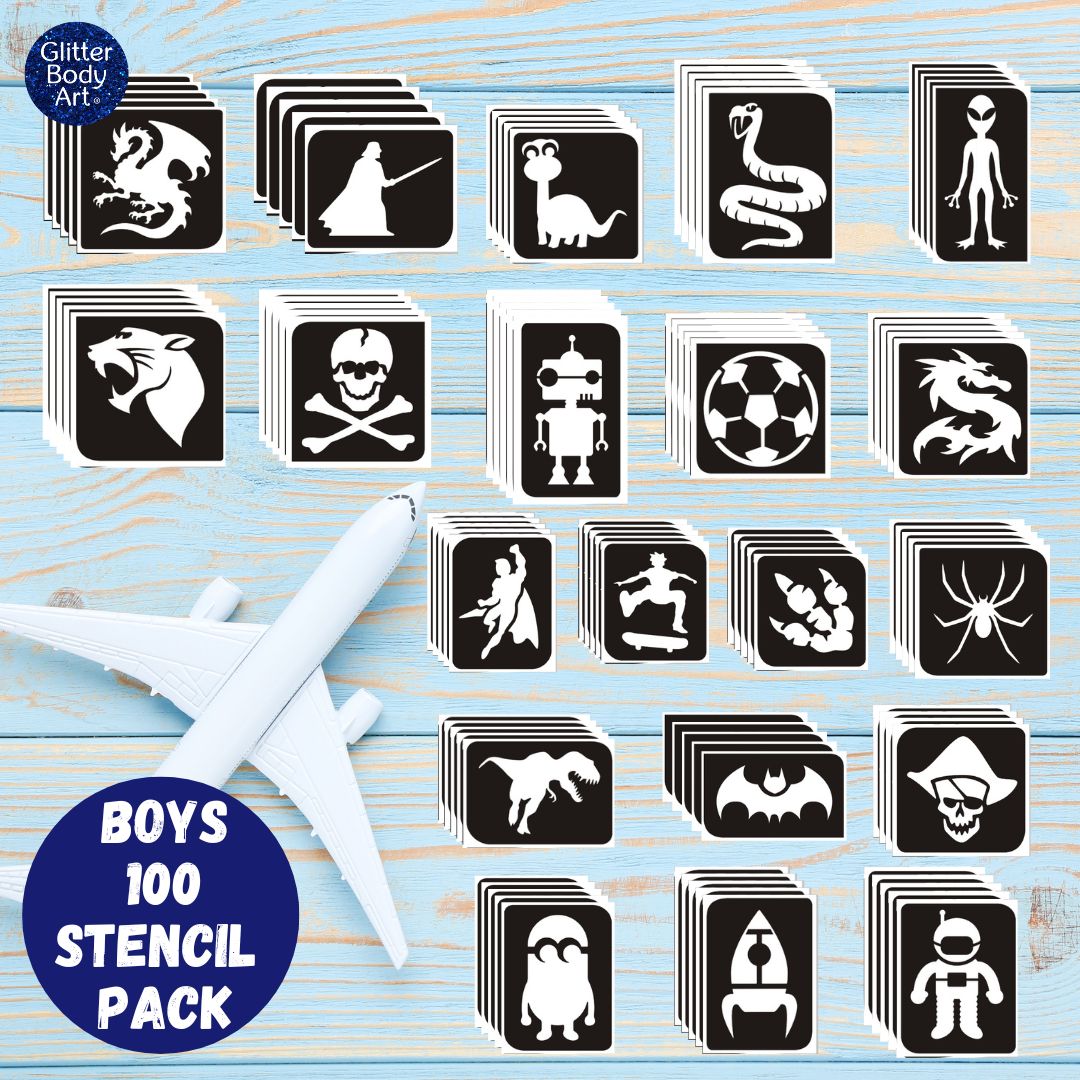 boys 100 stencil pack Boys glitter tattoo stencil pack, refill temporary tattoo stencils