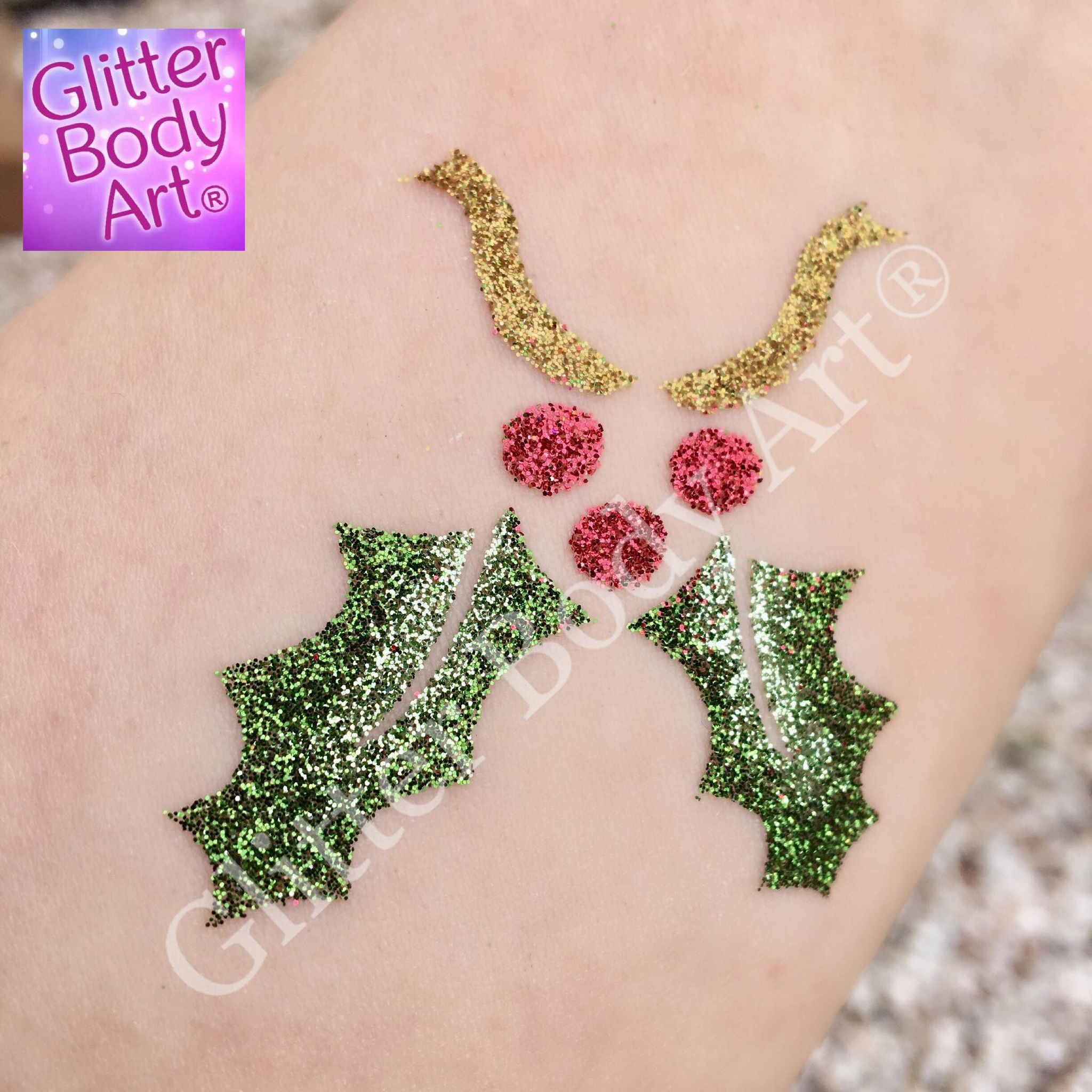 holly Christmas holly glitter tattoo stencill or Christmas temporary tattoos for kdis