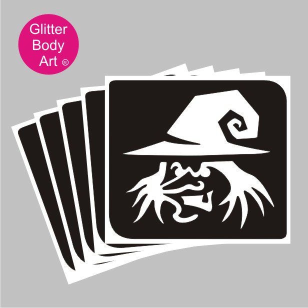 witch_glitter_tattoo_stencil_299 halloween witch in a hat temporary tattoo stencil