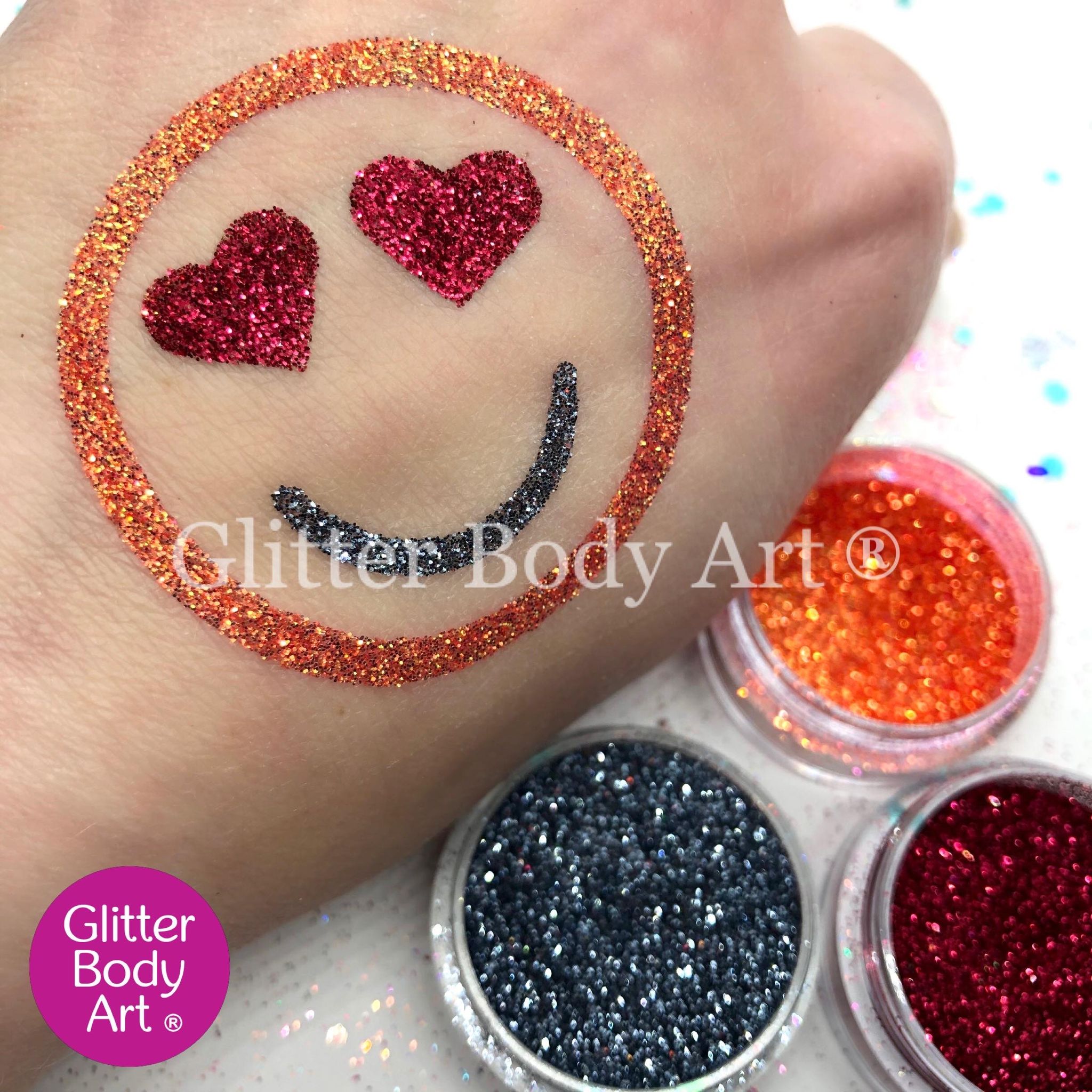 Smiling emoji temporary tattoo with heart shaped eyes