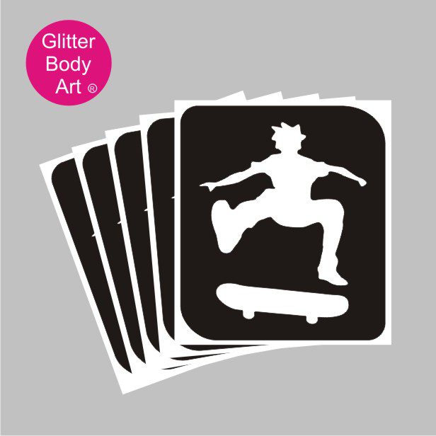 skater_glitter_tattoo_stencil_378 stencil of boy with skateboard, skateboarding temporary tattoos,