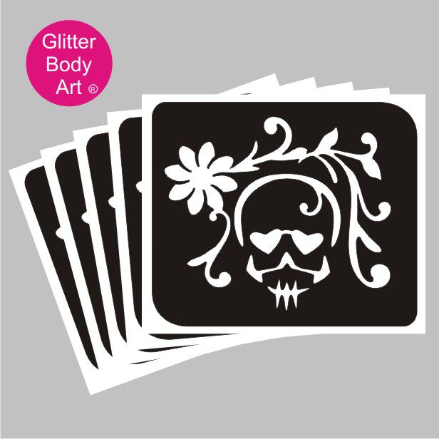skull glitter tattoo stencil 153 Night of the Dead skull with flowers temporary tattoo stencil
