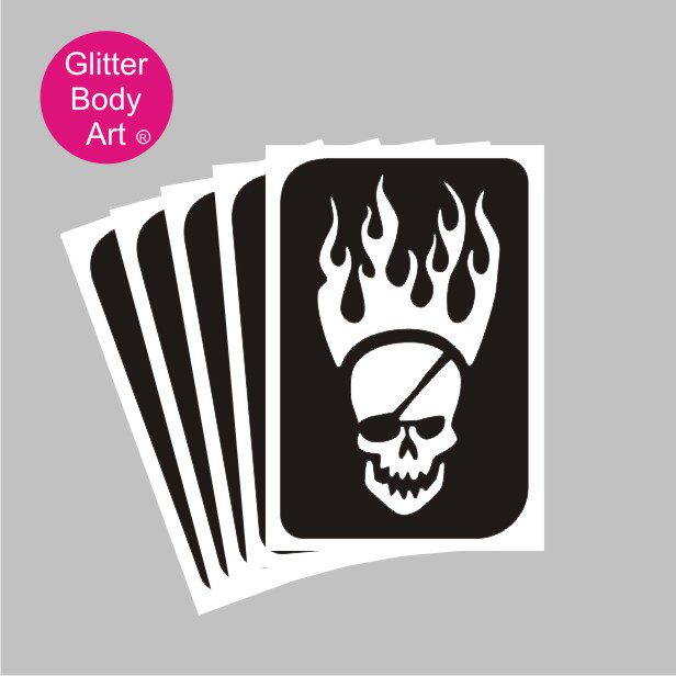 skull_glitter_tattoo_stencil_136 skull with eyepatch and flames coming from his head, temporary tattoos for kids
