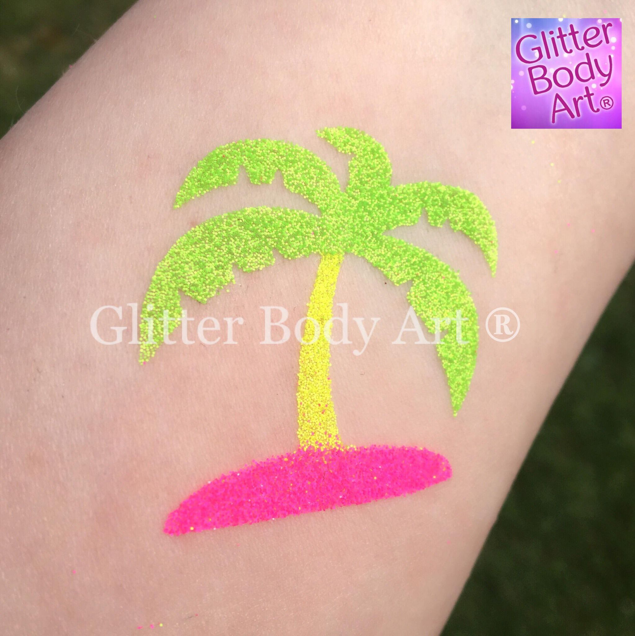desert island Palm tree on desert island, Moana temporary tattoo stencil made with UV glitter