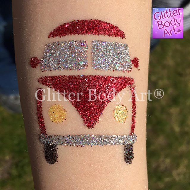 Glitter-Pic-Camper-Van VW campervan temporary tattoo stencil, VW Fest glitter tattoos
