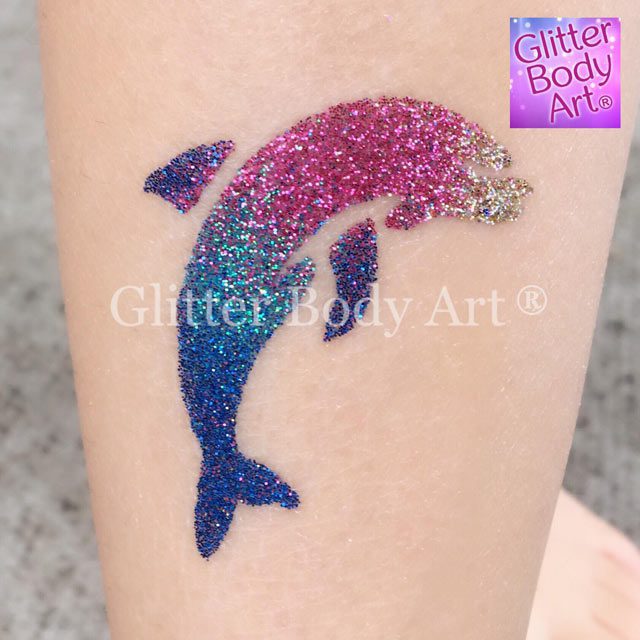 Glitter-Pic-Dolphin-01 dolphin temporary tattoo stencil, under the sea birthday party theme glitter tattoos