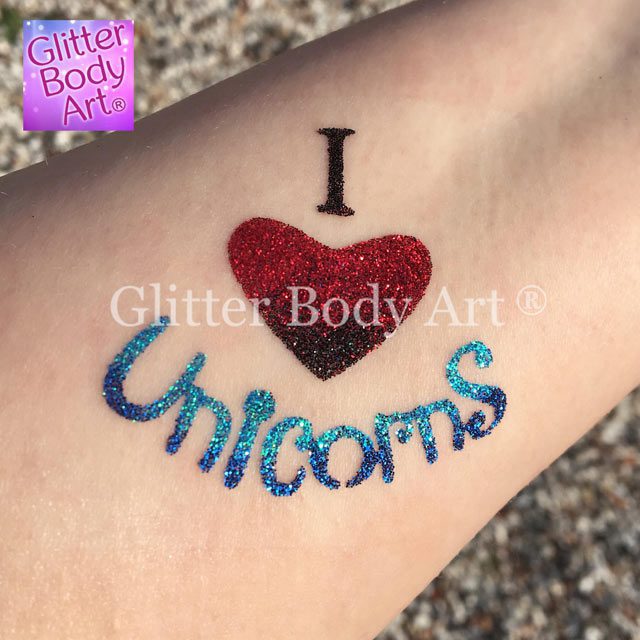 Glitter-Pic-Love-Unicorns I love unicorns temporary tattoos for kids, unicorn party glitter tattoo
