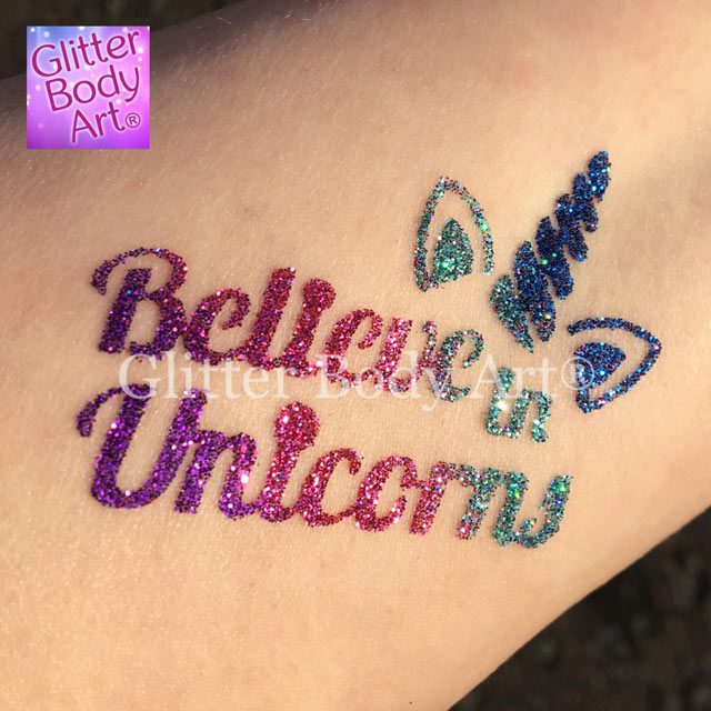 Glitter-Pic-Unicorn-Believe Believe in unicorns temporary tattoo stencils for unicorn glitter tattoos