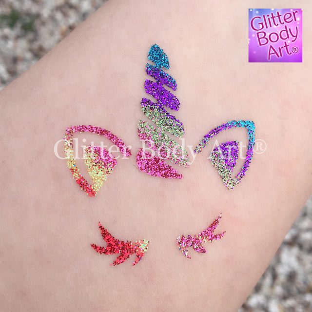 Glitter-Pic-Unicorn-Lashes unicorn with lashes temporary tattoo stencil for unicorn party glitter tattoos