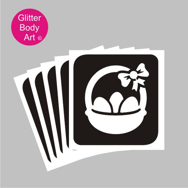 easter_basket_glitter_tattoo_stencil_027 easter egg in basket with bow, cute easter glitter tattoo stencil