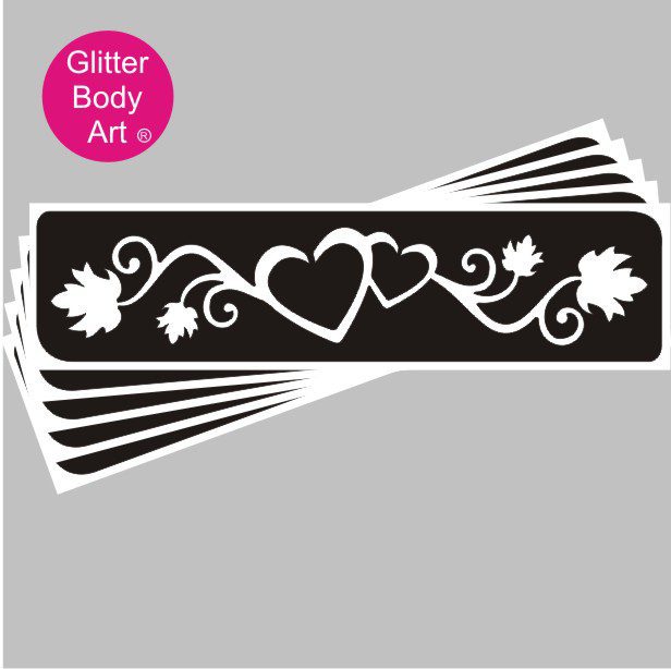 heart vine glitter tattoo stencil 245 double hearts with vines each side, heart temporary tattoo stencil