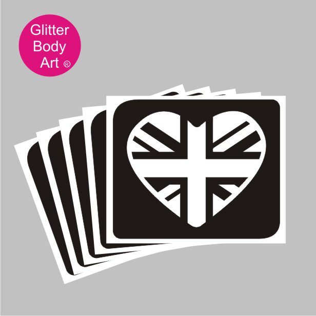 union jack glitter tattoo stencil 241 King Charles coronation union jack heart temporary tattoo stencil Coronation Stencils