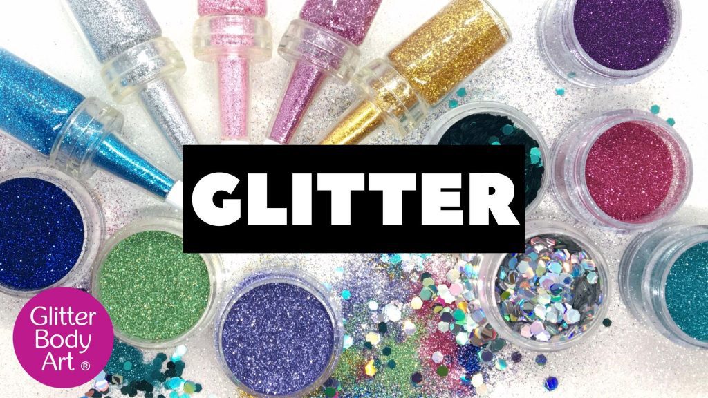 selection of body glitters in jars and puffer bottles