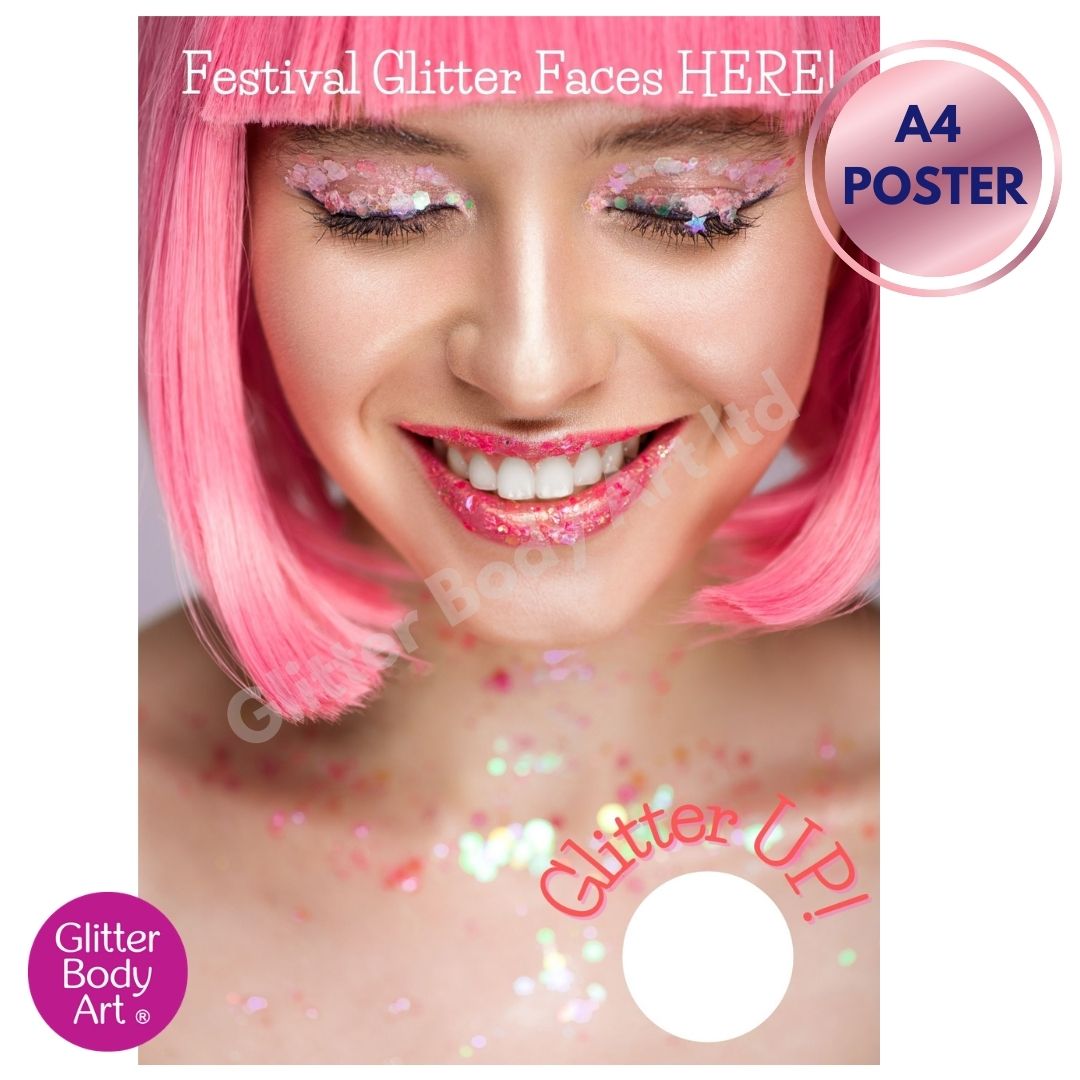 A4 POSTER Girl with pink hair and glitter face advertising poster for Festival Makeup