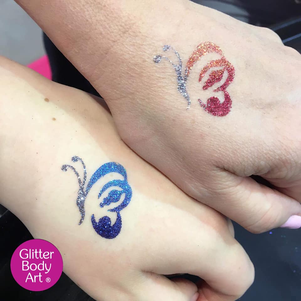 midi butterfly twins butterfly glitter tattoos for kid, butterfly stencil template for temporary tattoos kids party ideas