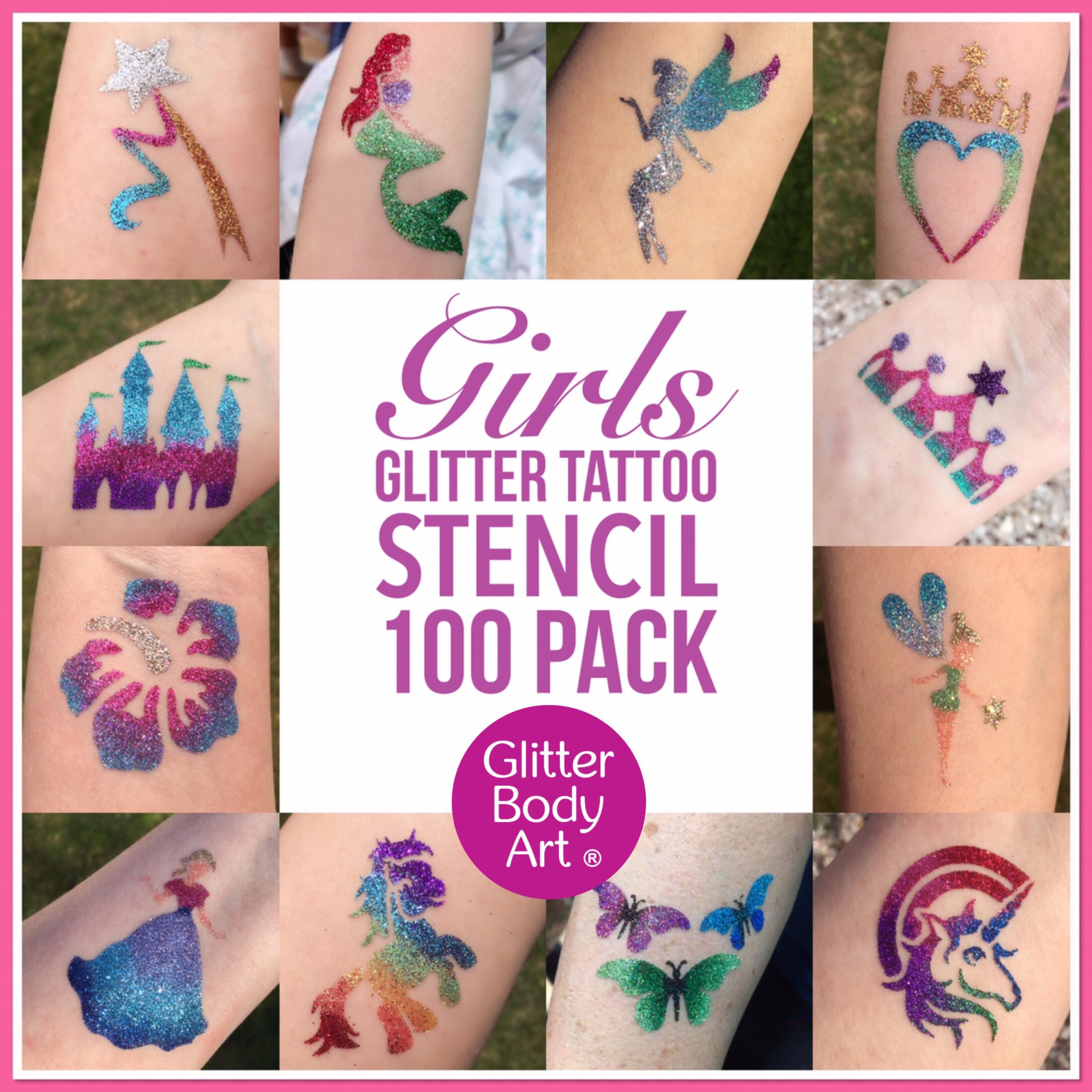 Glitter Body Art -Girls glitter tattoo stencils 100 pack girls glitter tattoo stencils pack of 100 blank stencils for girls