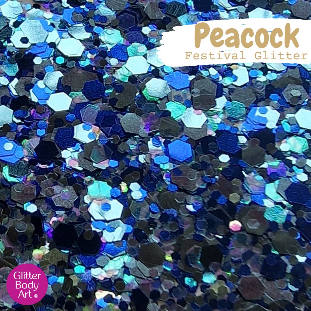 Peacock Festival Glitter peacock blue chunky festival mix for face, hair and body