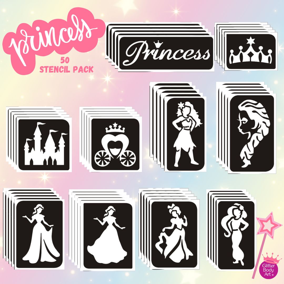 PRINCESS 50 PACK disney priincess glitter tattoo stencils, princess parties
