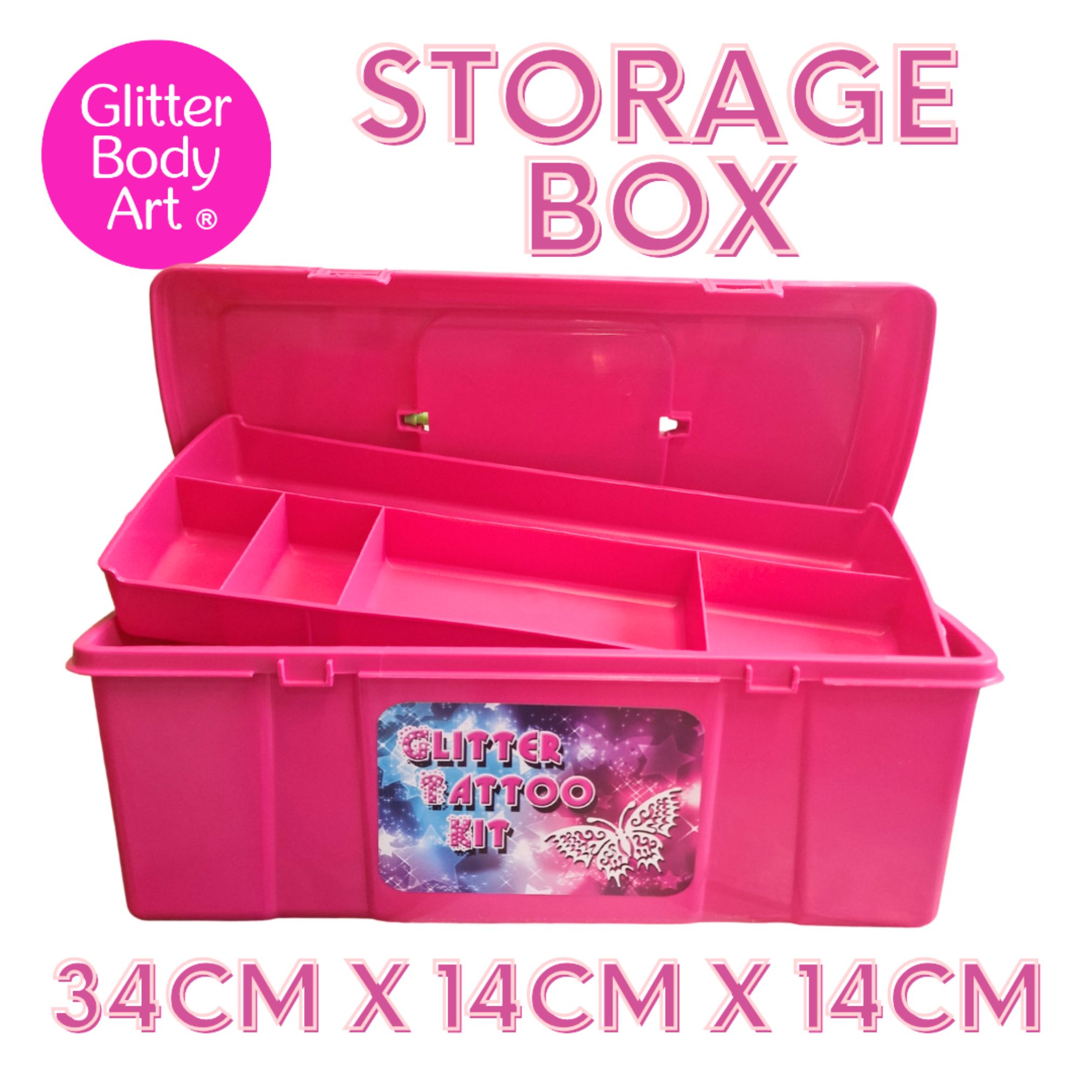 glitter tattoo storage box, pink storage box