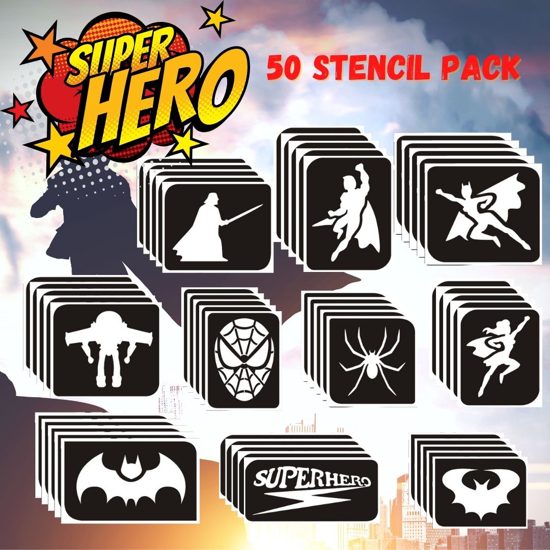 Superhero 50 stencil pack spiderman glitter tattoo stencil pack, superhero temporary tattoos