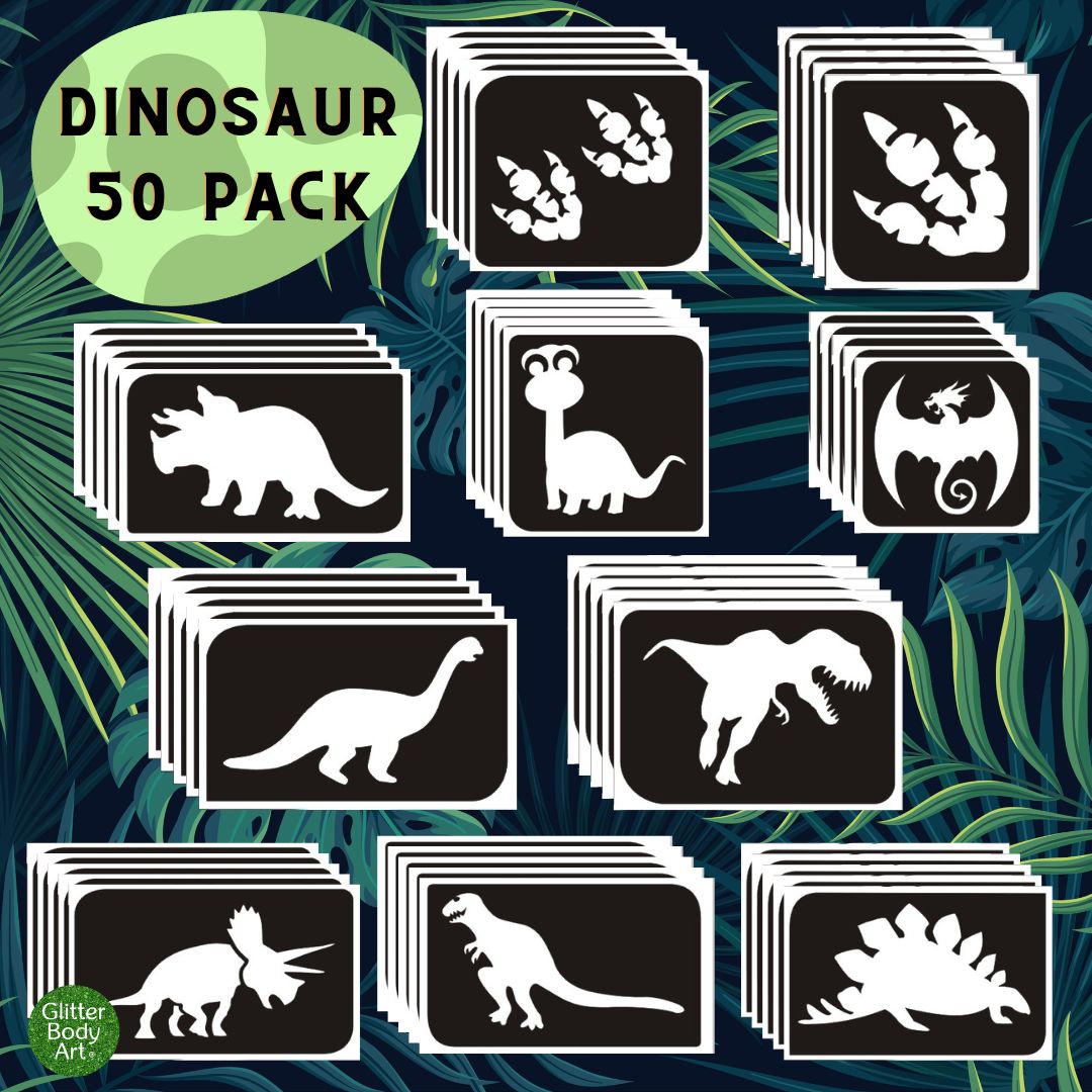 dinosaur 50 pack (1) Dinosaur stencil designs for glitter tattoos