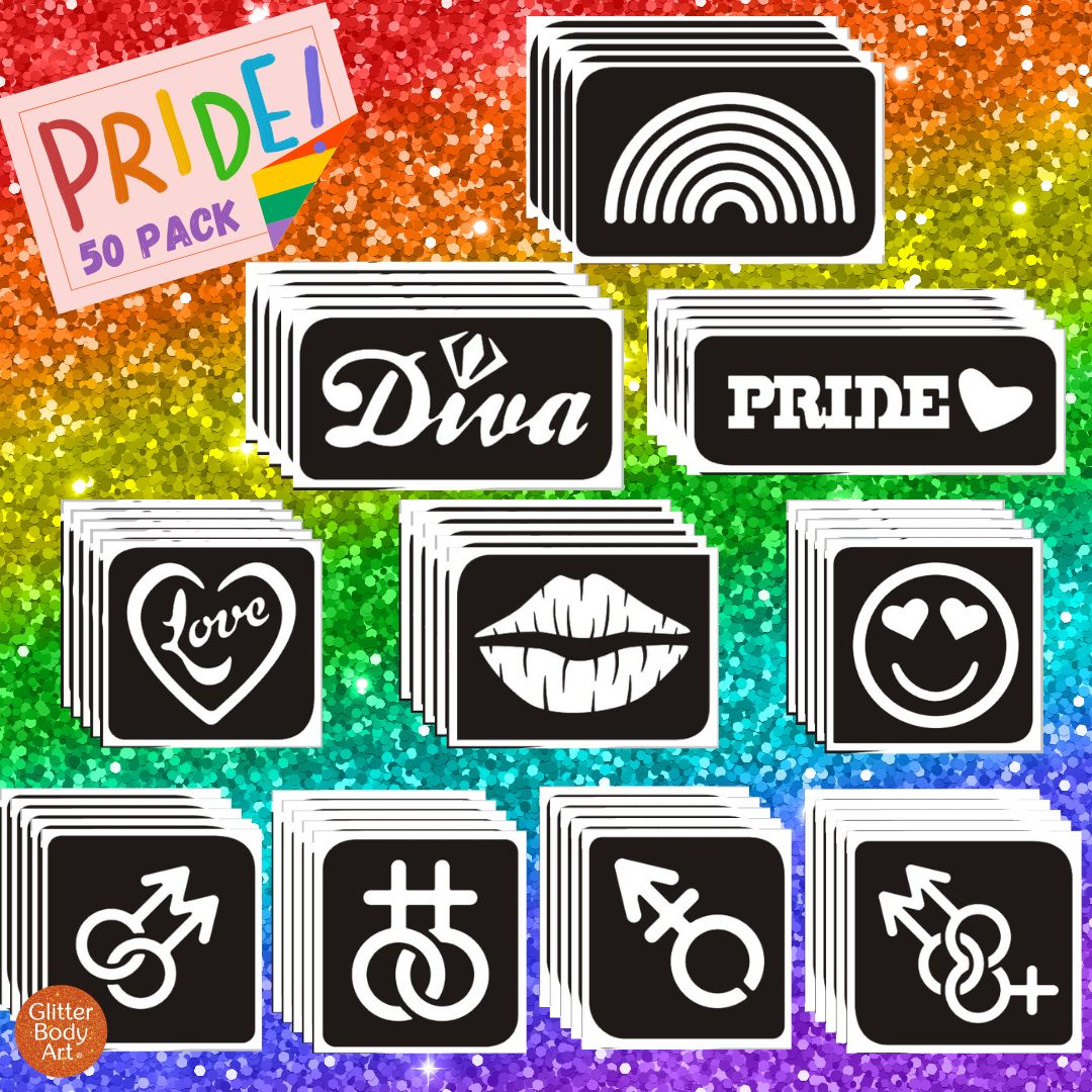 pride 50 pack pride glitter tattoo stencils, RuPaul Drag Race, temporary tattoos