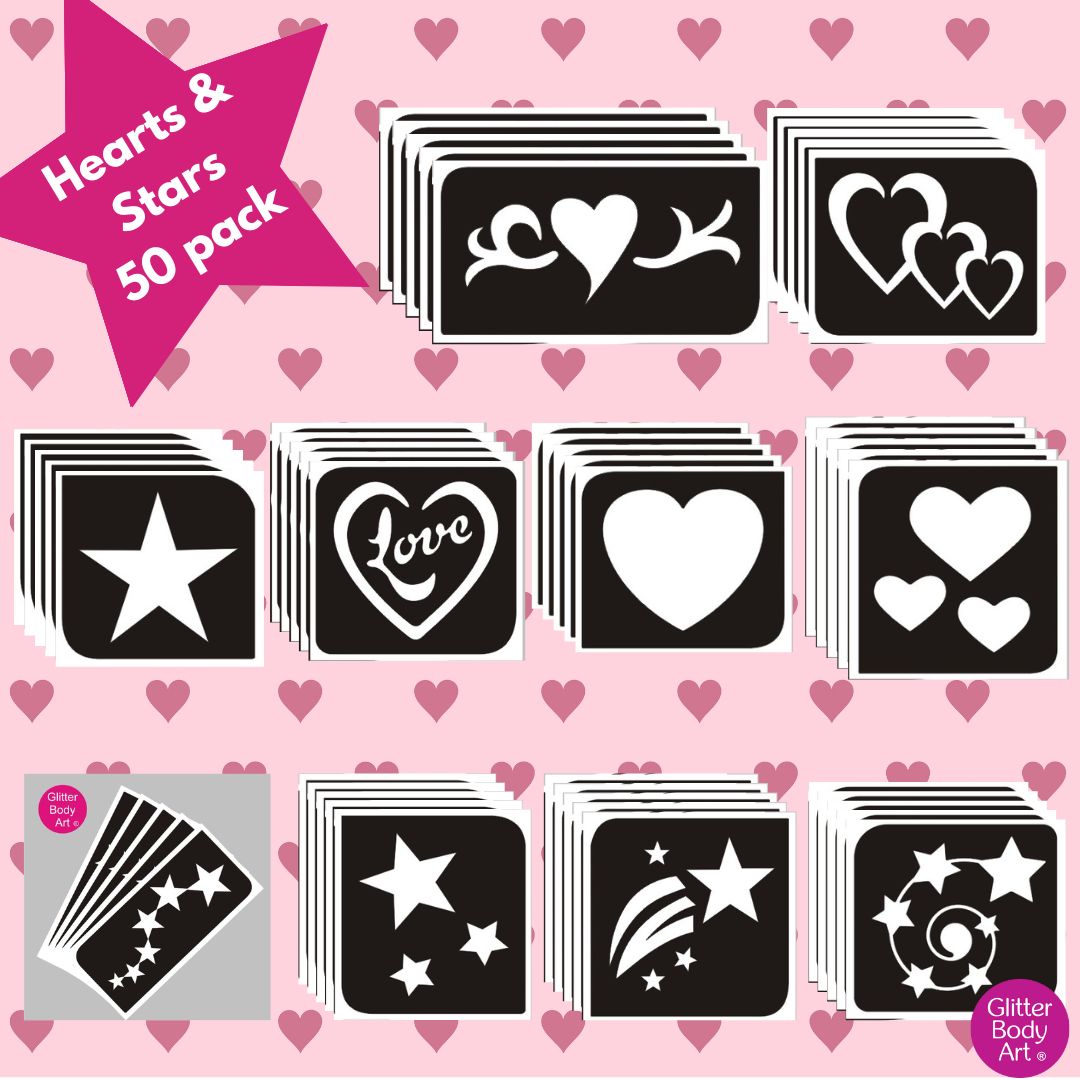 stars & hearts 50 pack stars and hearts, girls glitter tattoo collection