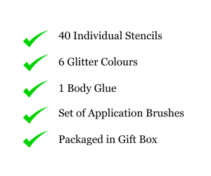 Contents of a glitter body art kit