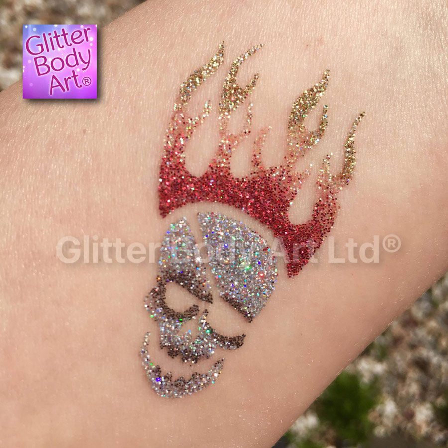 Skull GBA-031 skull and flame temporary tattoo stencil, boys glitter tattoos